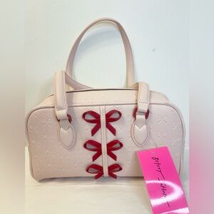 Betsey Johnson Pink Embossed Bow Satchel with Red Bows